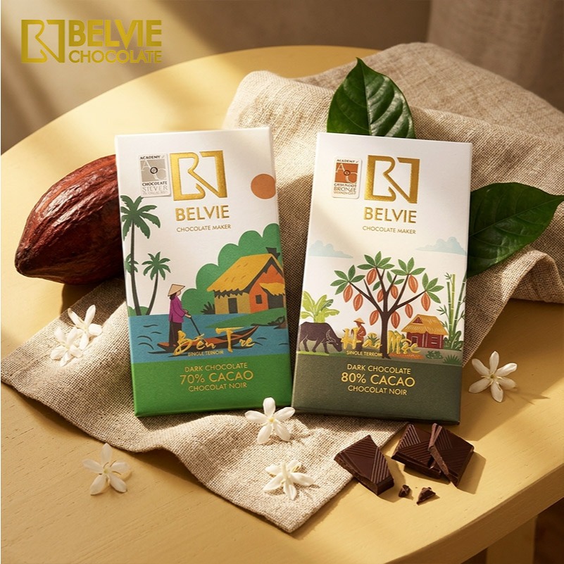 Socola Đen Belvie 70% và 80% cacao - bộ 2 thanh