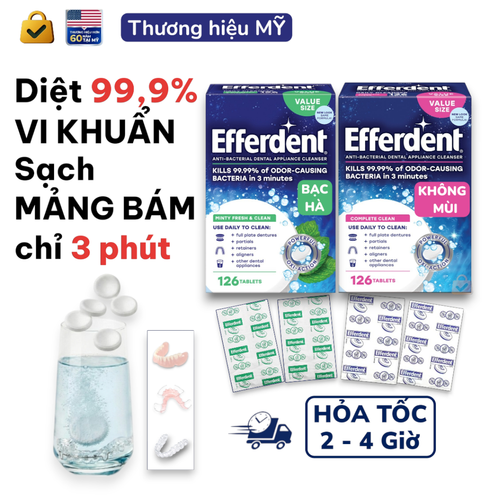 Sủi Efferdent Minty Fresh Clean Hương Bạc Hà Làm Sạch Khay Niềng Răng Hàm Duy Trì Khay Invisalign