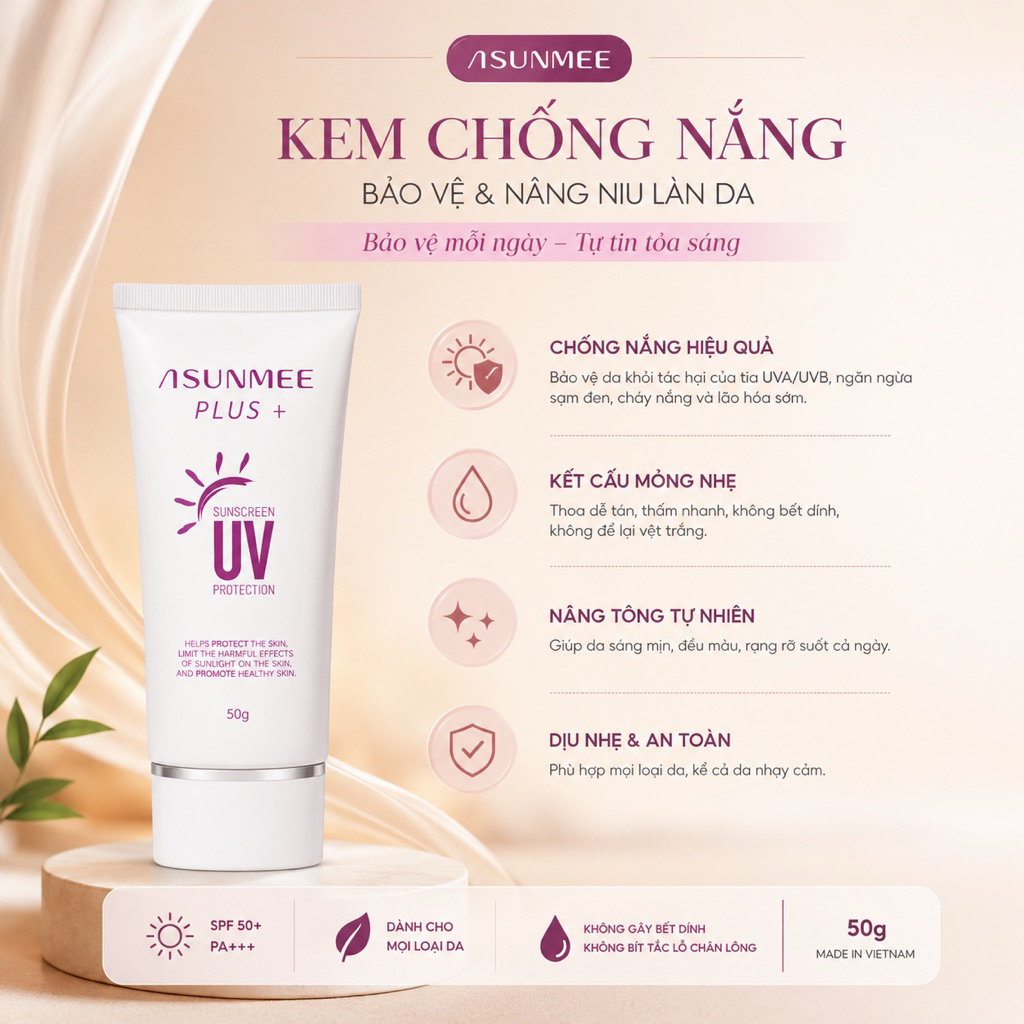 Kem Chống Nắng Asun SPF50+ PA++++ Nâng Tone Da Tự Nhiên – Chống Tia UV, Bảo Vệ Da 50g