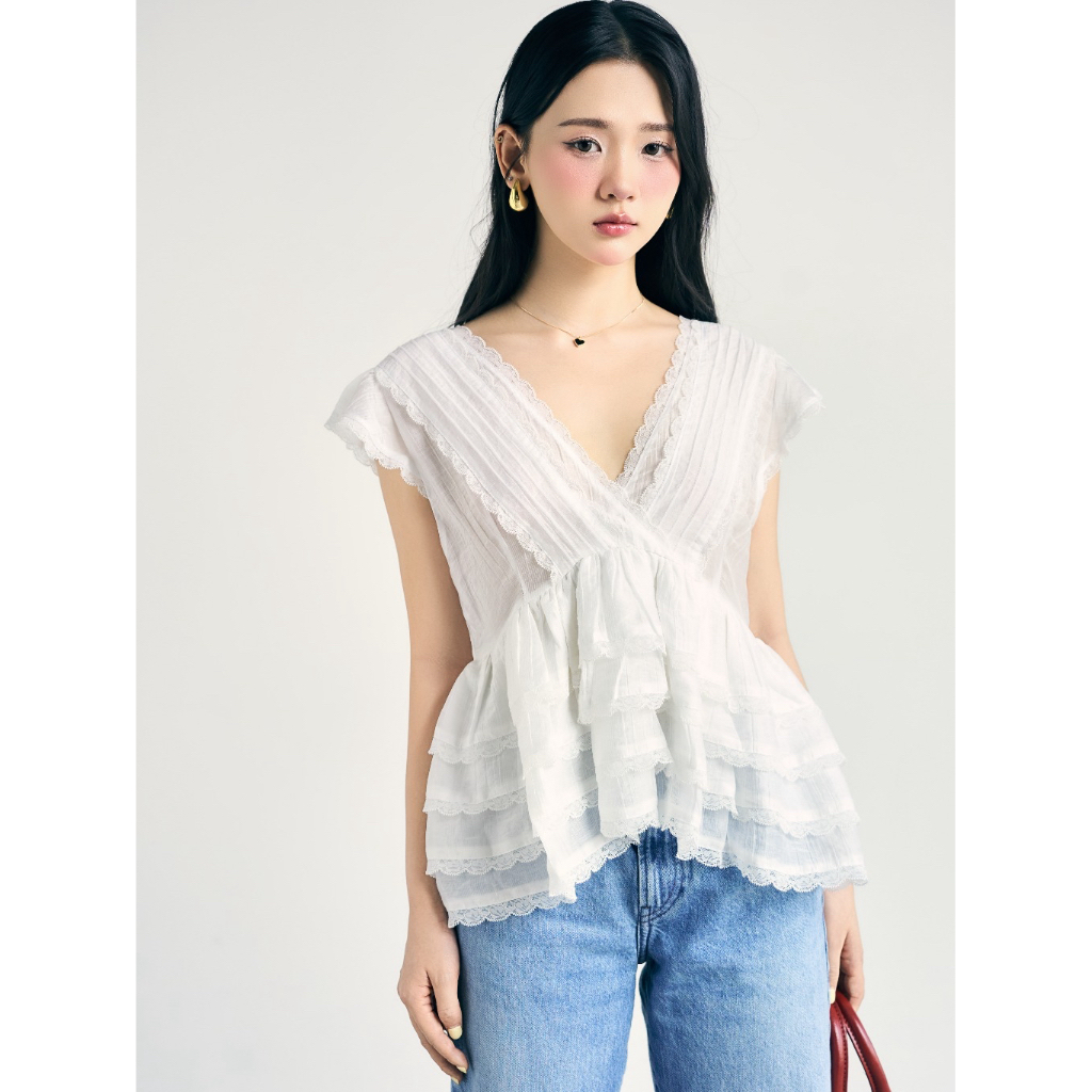 [ ĐẶT HỎA TỐC – NHẬN TRONG 2 GIỜ ] Áo Kiểu Nữ Cổ V Bèo Tầng Phối Ren Boho Trendy Hè  - Monstier AMI 