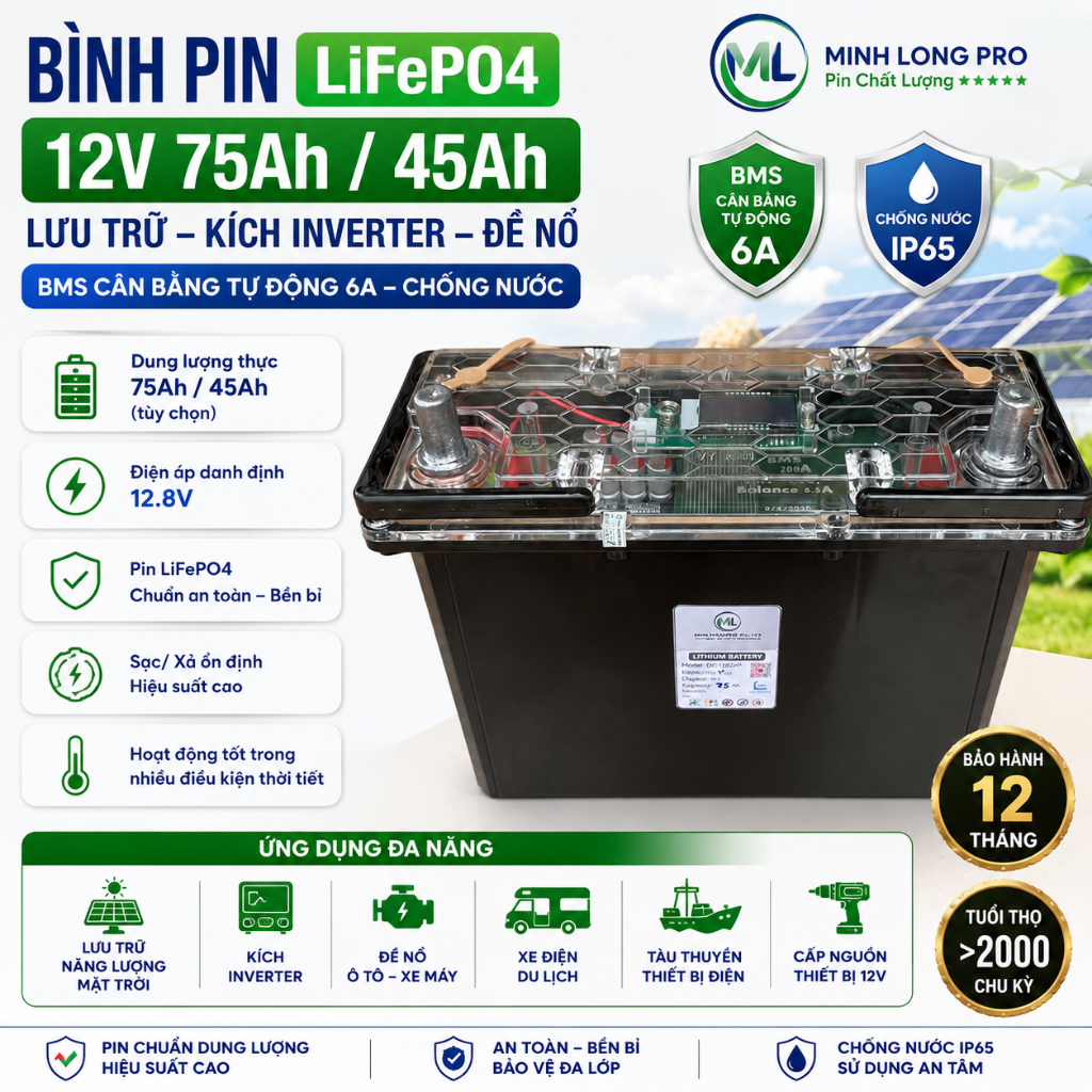 Bình Pin LiFeP04 12V 75Ah / 45Ah Lưu Trữ, Kích Inverter, Đề Nổ – BMS Cân Bằng Tự Động 6A, Chống Nước