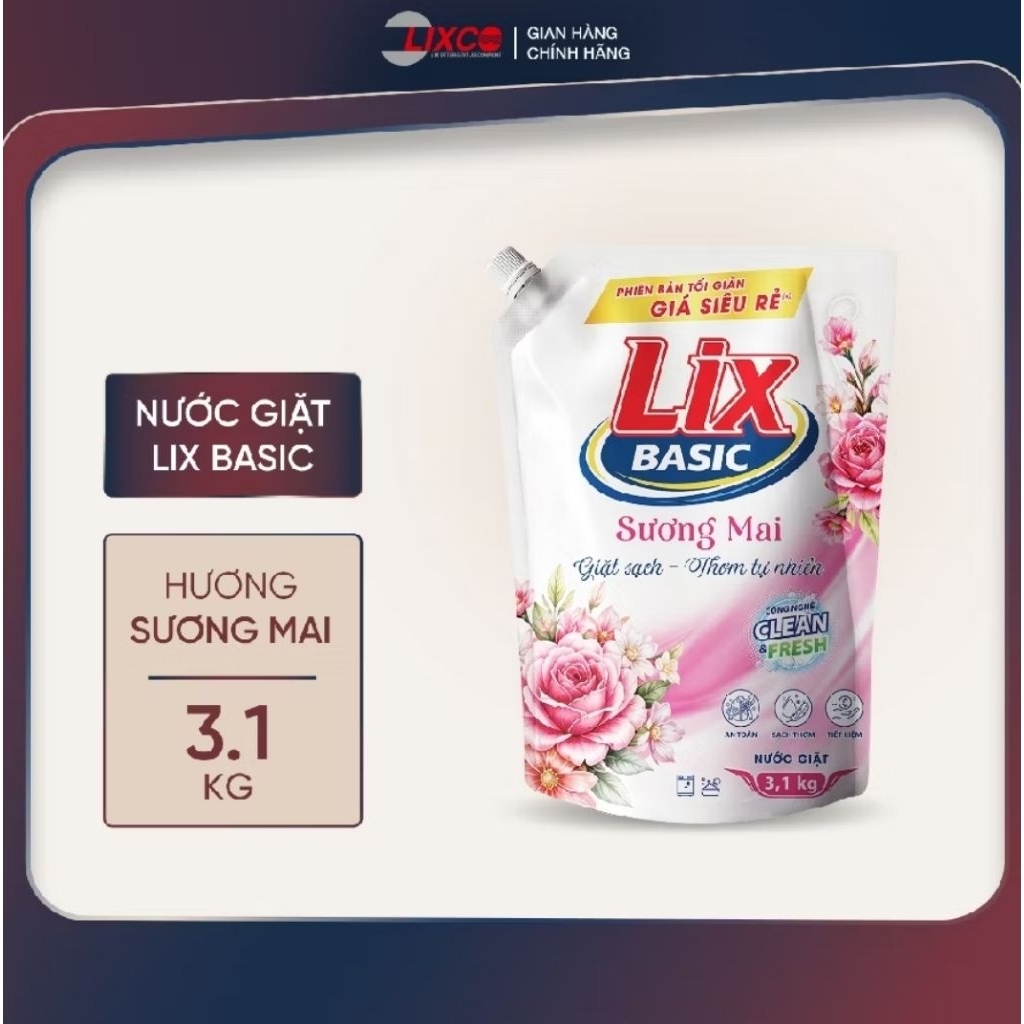 Nước Giặt Lix Basic Túi 3.1KG Hương Sương Mai Lưu Hương Nhe Nhàng - Lixco Việt Nam