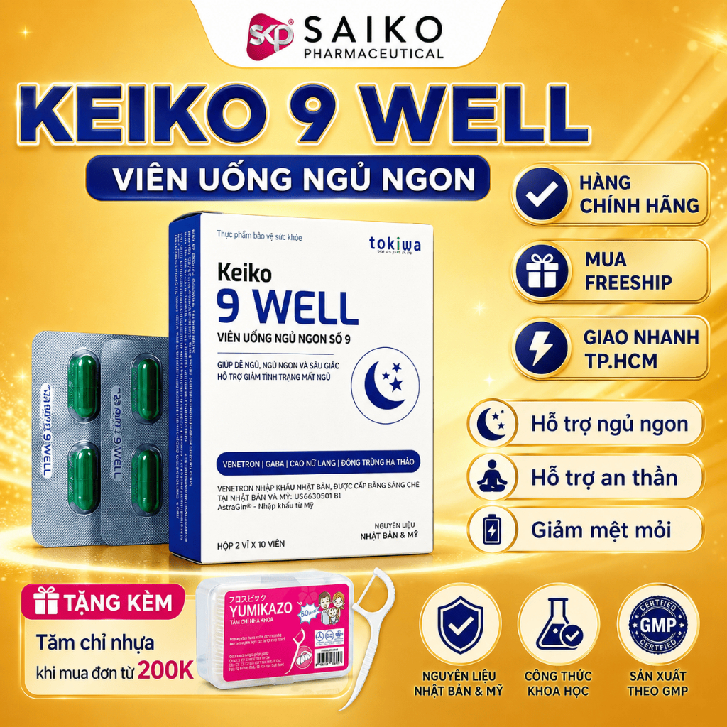 Keiko 9 Well Viên Uống Ngủ Ngon – Hỗ Trợ Dễ Ngủ, Ngủ Sâu Giấc Hộp 2 Vỉ x 10 Viên