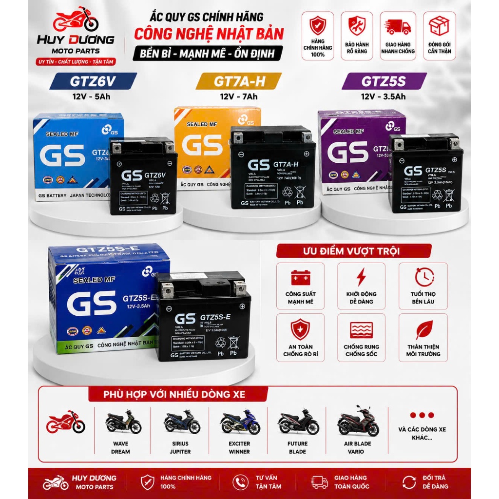 Ắc Quy GS Chính Hãng 12V Bình Khô MF Cho Xe Máy - Chọn Mã GT5A GTZ5S GTZ5S-E GTZ6V GT7A-H