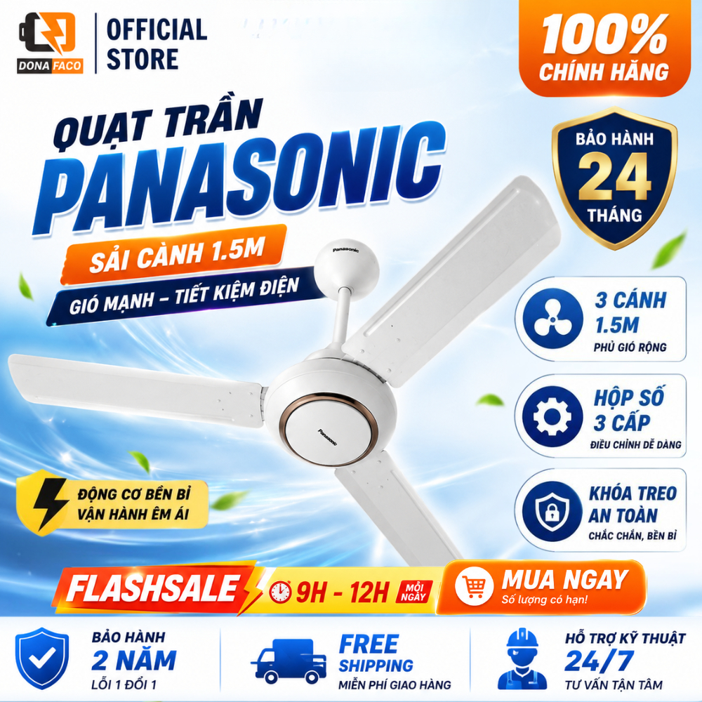 | Hỏa Tốc | Quạt trần Panasonic 3 cánh F-60MZ2 màu trắng, hộp số 5 cấp gió, cánh 150cm bảo hành 24 t