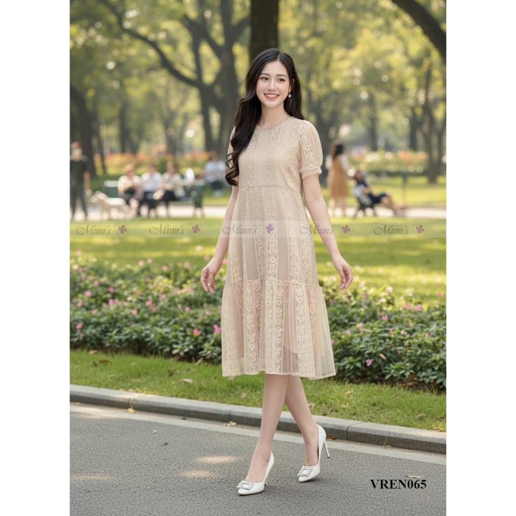 Đầm suông, đầm bầu công sở Mum's Shop VREN Váy ren nude - hồng sang chảnh cho bầu và bigsize