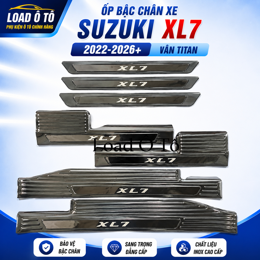 Ốp Bậc Cửa, Nẹp Bước Chân Xe Suzuki XL7 2026-2020 Trong Ngoài Vân Titan Chống Trầy Cao Cấp Logo XL7 