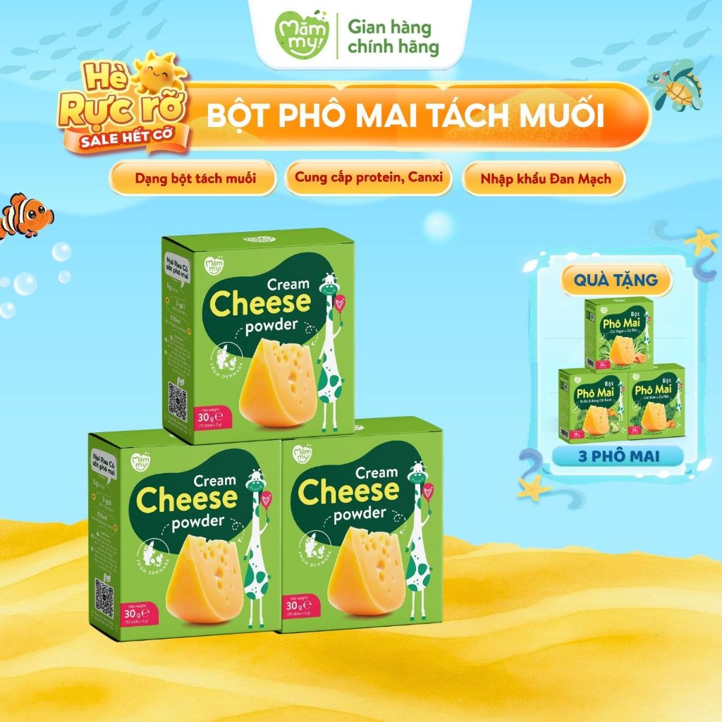 Phô mai tách muối gia vị ăn dặm cho bé Mămmy dạng bột rắc cơm, cháo cho bé 6 tháng, hộp 10 gói x 3g