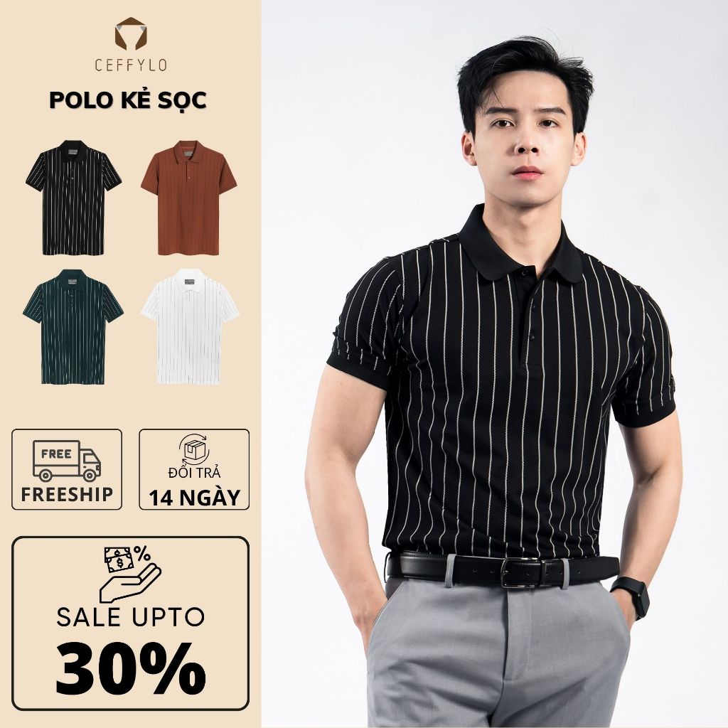 Áo polo nam CEFFYLO Họa Tiết Kẻ Sọc chất cotton thoáng khí mềm mịn hạn chế nhăn dáng ôm nhẹ