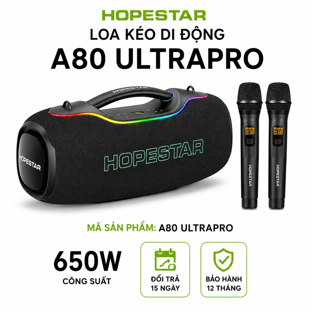 Loa Karaoke Bluetooth Hopestar A80 Ultra Pro 650W PMPO Kèm 2 Micro Không Dây, Bluetooth 5.4, Pin 400