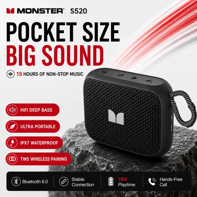 MONSTER S520 Bluetooth Speaker | 10W Peak | Bluetooth 6.0 | IPX7 Waterproof | 14.5H Playtime | Pocke