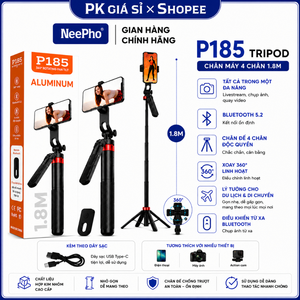 Tripod P185 Chân Máy 4 Chân 1.8m