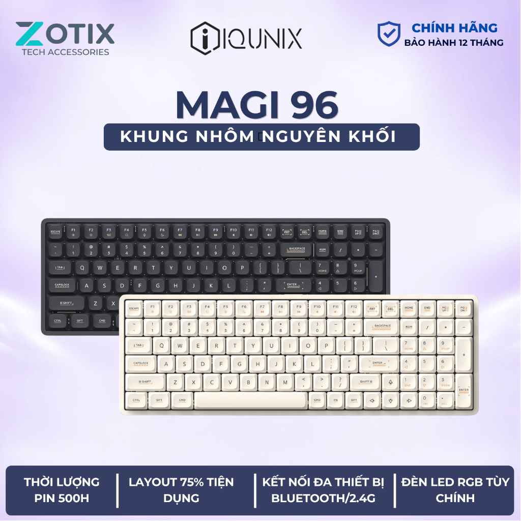 Bàn phím cơ Low Profile 96% IQUNIX Alumainum Factory MG96 vỏ nhôm kết nối 3 chế độ cho mọi thiết bị