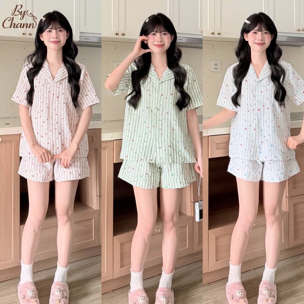 Bộ Đồ Ngủ Pyjama BY CHANN (SP38) họa tiết  áo cộc quần cộc chất liệu đũi mềm có bigsize đến 80kg