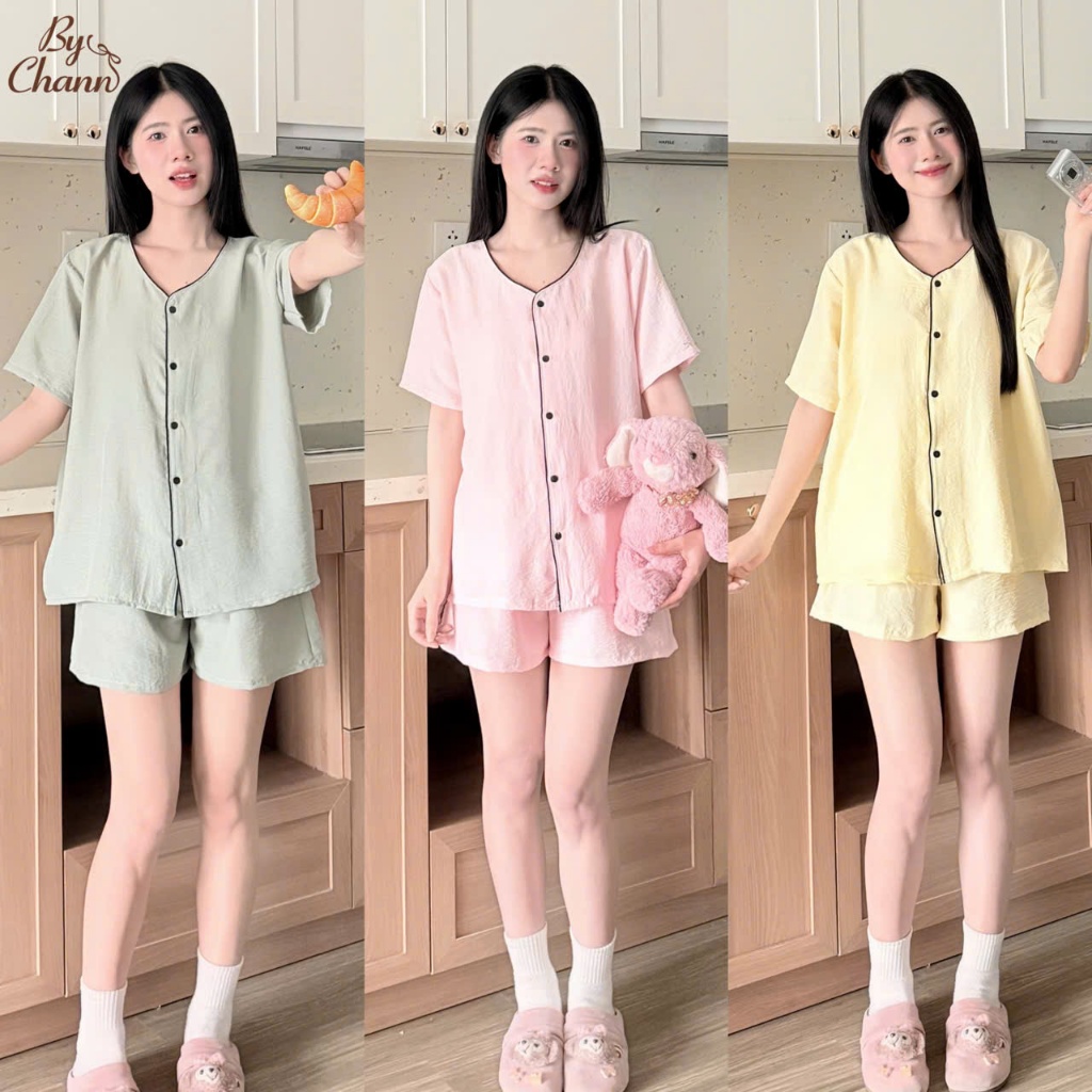 Bộ Ngủ BY CHANN (SB11) áo cộc quần cộc chất liệu đũi mềm có bigsize đến 80kg