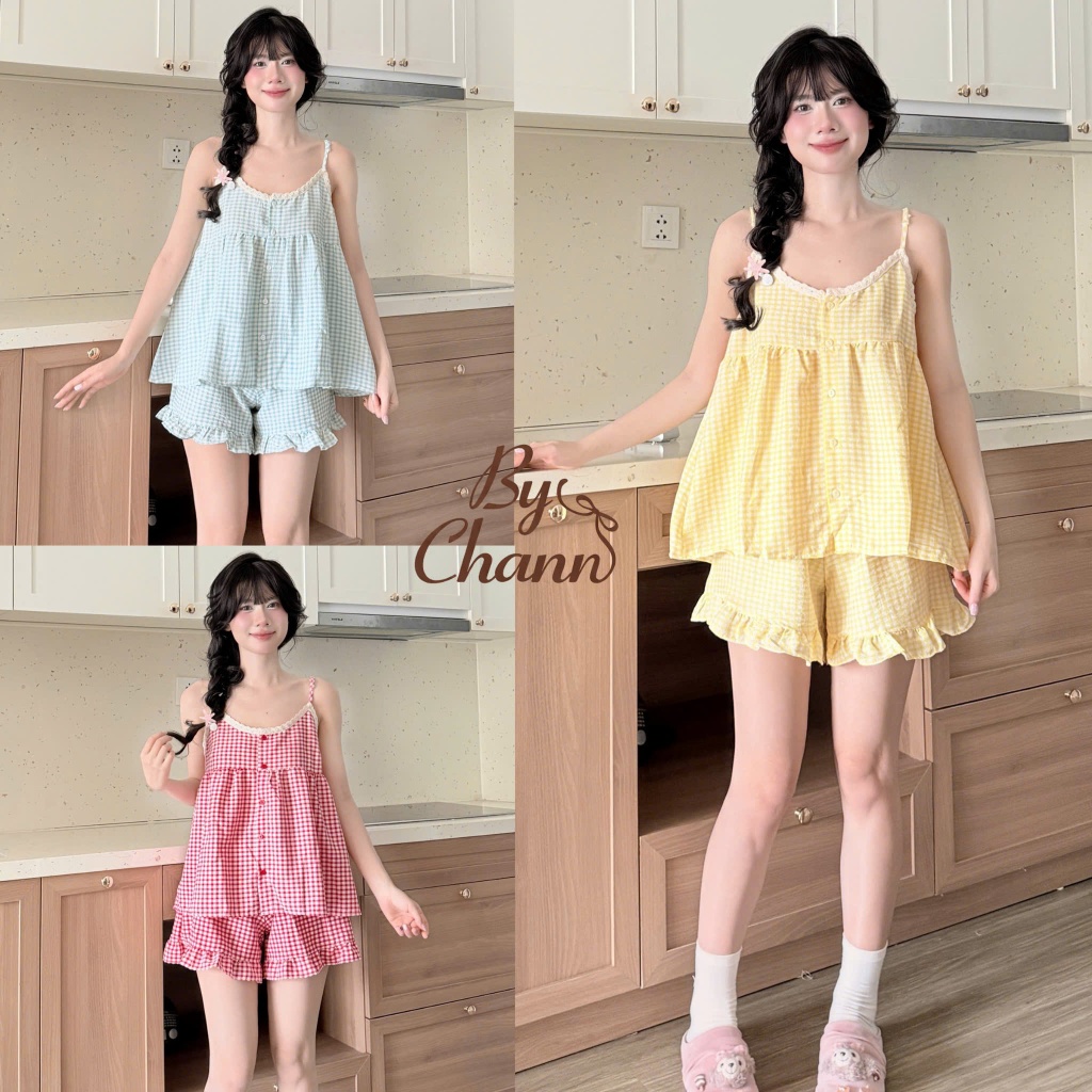 Bộ Ngủ BY CHANN (BN18) áo 2 dây phối ren viền cổ áo quần cộc  chất liệu đũi mềm có bigsize đến 80kg