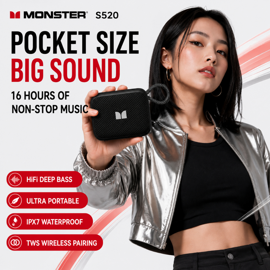 MONSTER S520 Bluetooth Speaker | 10W Peak | Bluetooth 6.0 | IPX7 Waterproof | 14.5H Playtime | Pocke