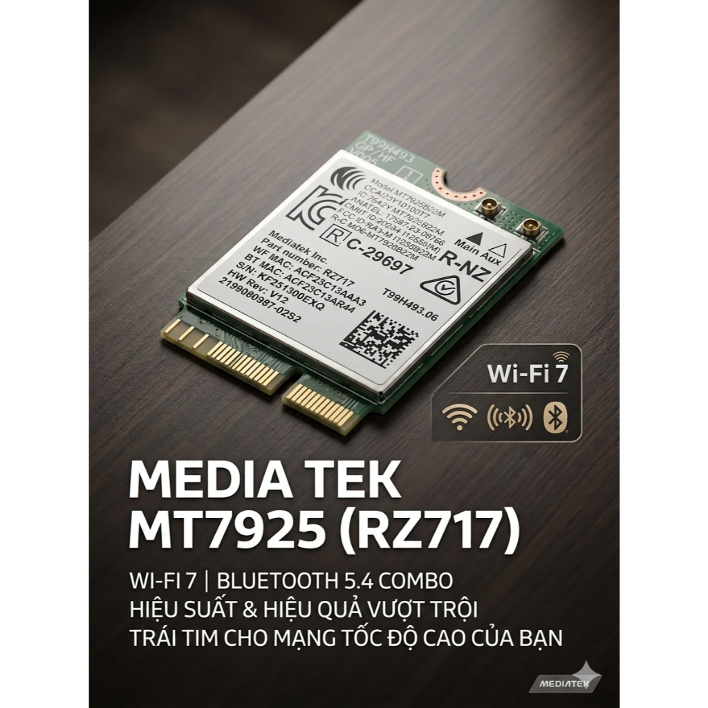 card wifi 7 mediatek RZ717, Card wifi 7 Mediatek MT7925, tương thích cả Intel và AMD, tích hợp Bluet