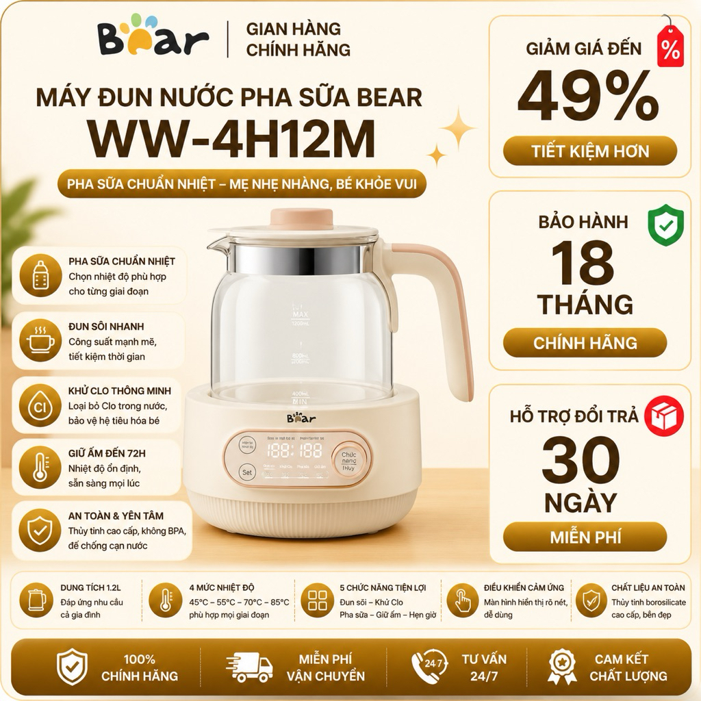 Máy Đun Nước Pha Sữa Bear 1.2L WW-4H12M 800W 9 Chức Năng Giữ Ấm 72H Khử Clo BH18T