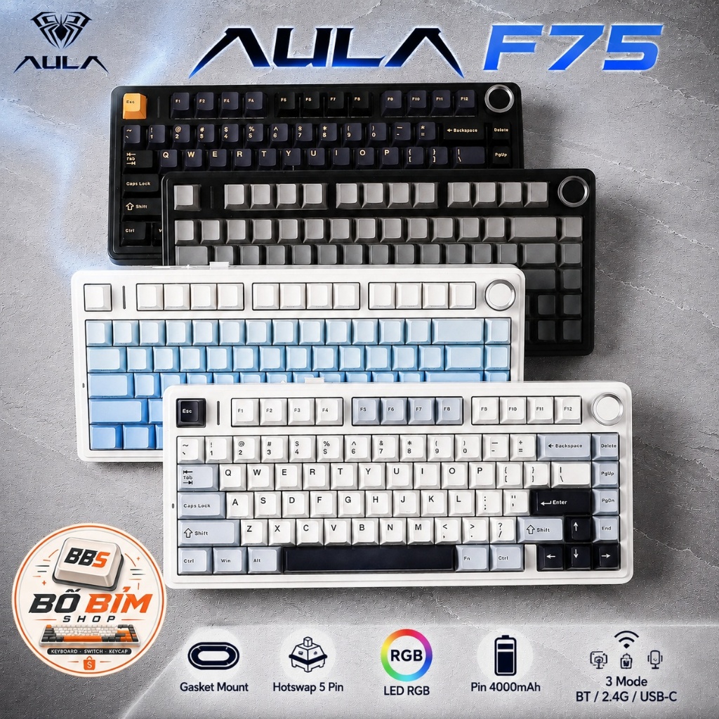 🔥 AULA F75 | Bàn Phím Cơ | 3 Mode | Hotswap 5 Pin | RGB | Pin 4000mAh | Gaming Văn Phòng