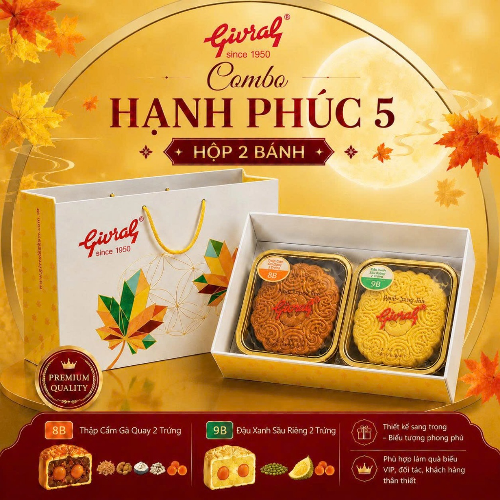 Combo Bánh Trung Thu Givral Hạnh Phúc 5 – Bánh Trung Thu Givral Hộp 2 Bánh 200gr
