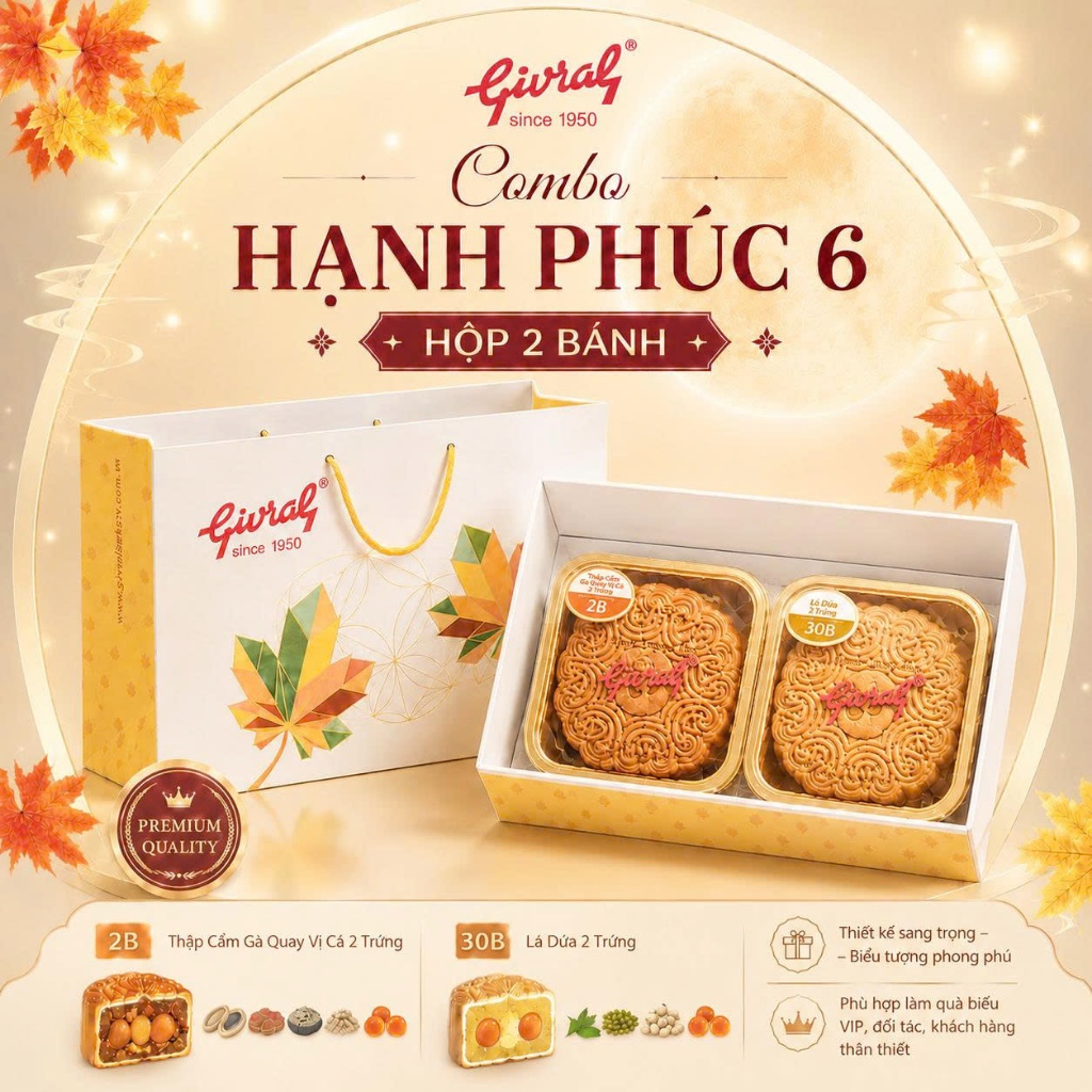 Combo Bánh Trung Thu Givral Hạnh Phúc 6 – Bánh Trung Thu Givral Hộp 2 Bánh 200gr