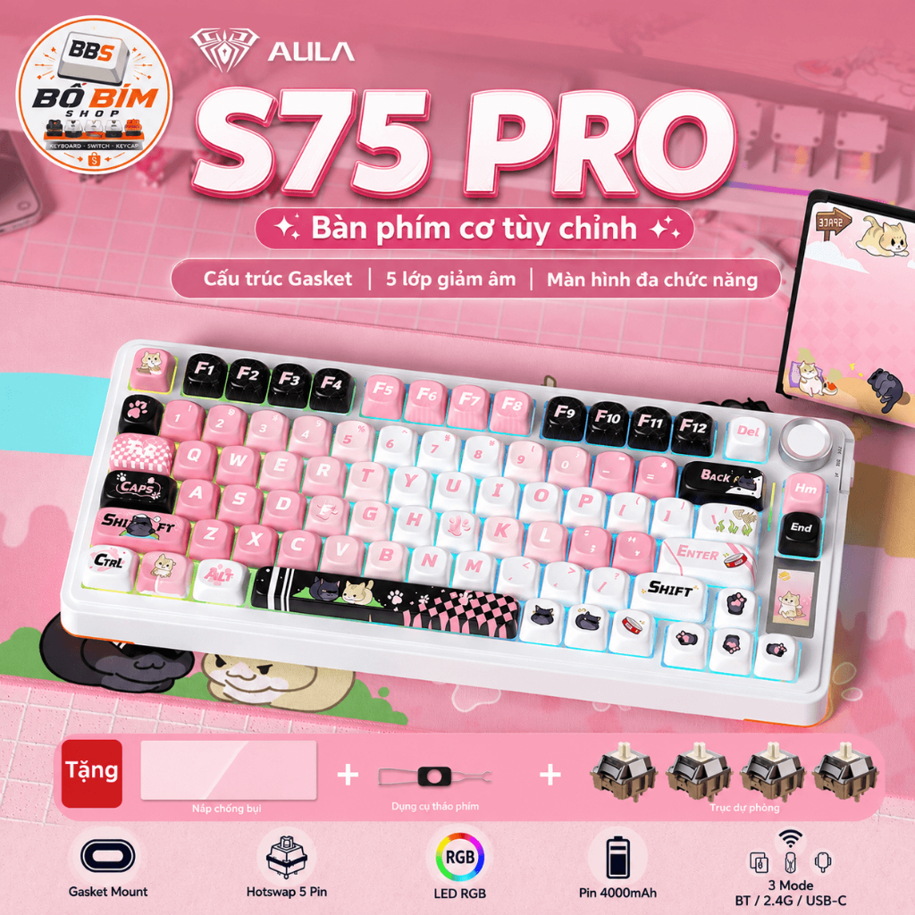 🔥 AULA S75 Pro Gaming Keyboard 3 Chế Độ Kết Nối | Núm Xoay | LCD | RGB