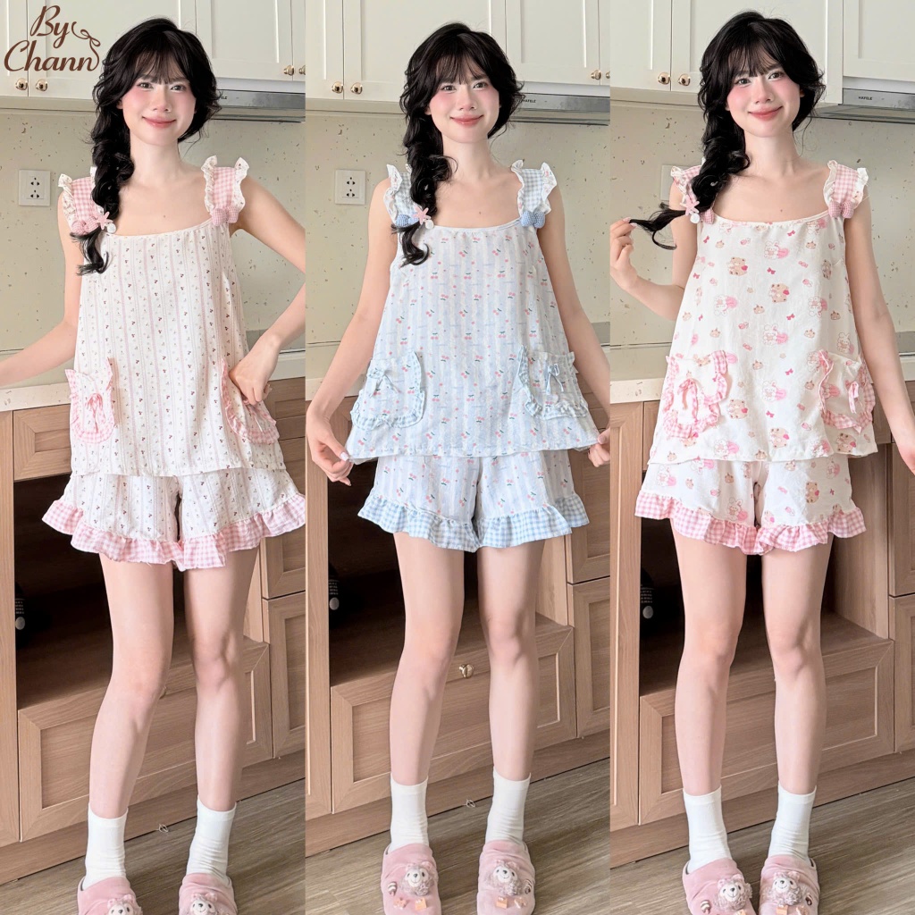 Set Bộ Đồ Ngủ BY CHANN (SD02) thiết kế áo cộc 2 dây quần cộc chất liệu đũi mềm có bigsize 80kg
