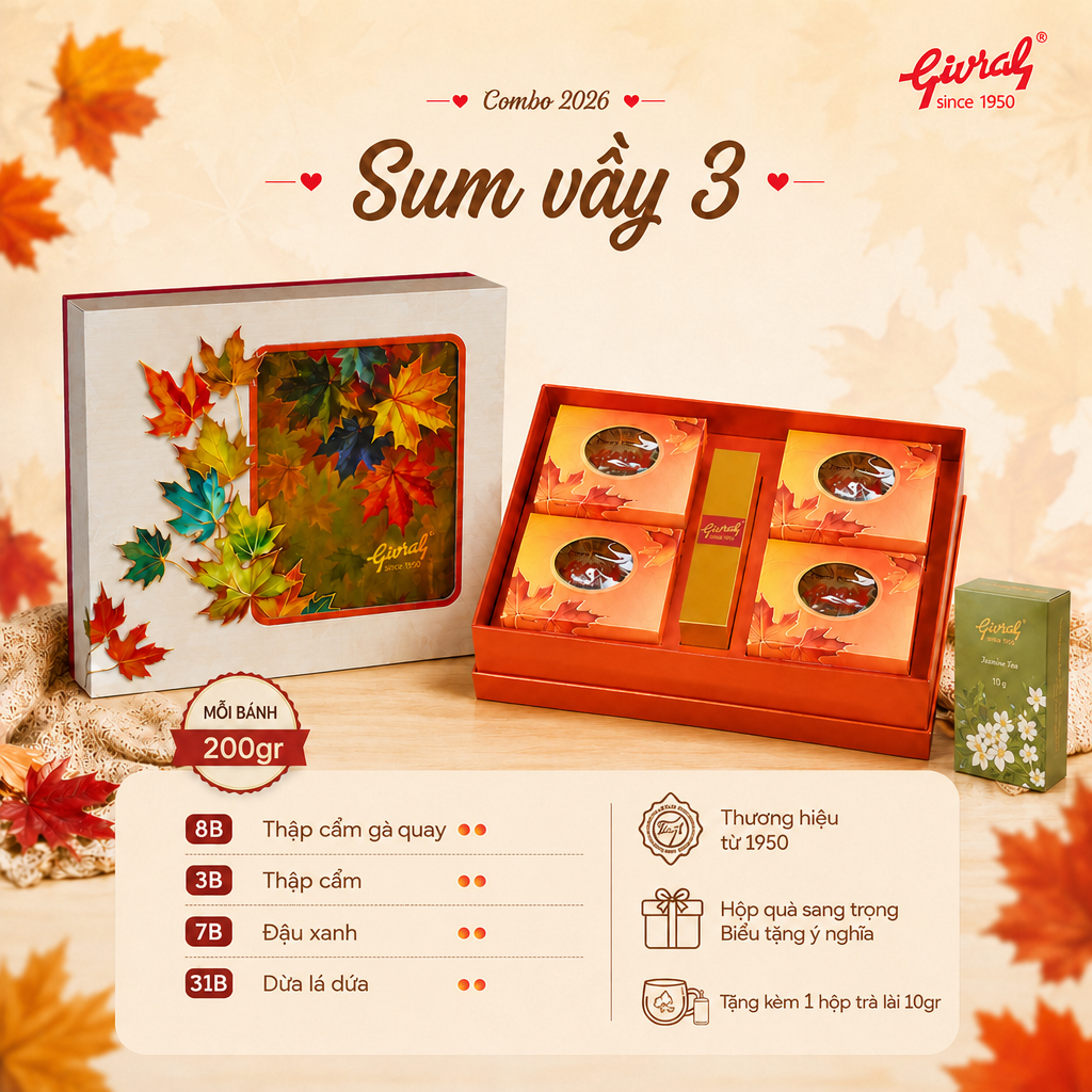 Combo Bánh Trung Thu Givral Sum Vầy 3 (4 Bánh – 200g) | Chính Hãng | Hộp Quà Biếu Sang Trọng