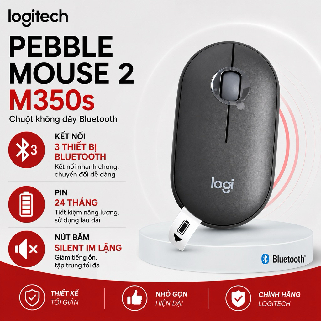 Chuột Logitech Pebble Mouse 2 M350s Bluetooth Silent - Mỏng nhẹ, Nút tùy chỉnh, Easy-Switch, 4000DPI