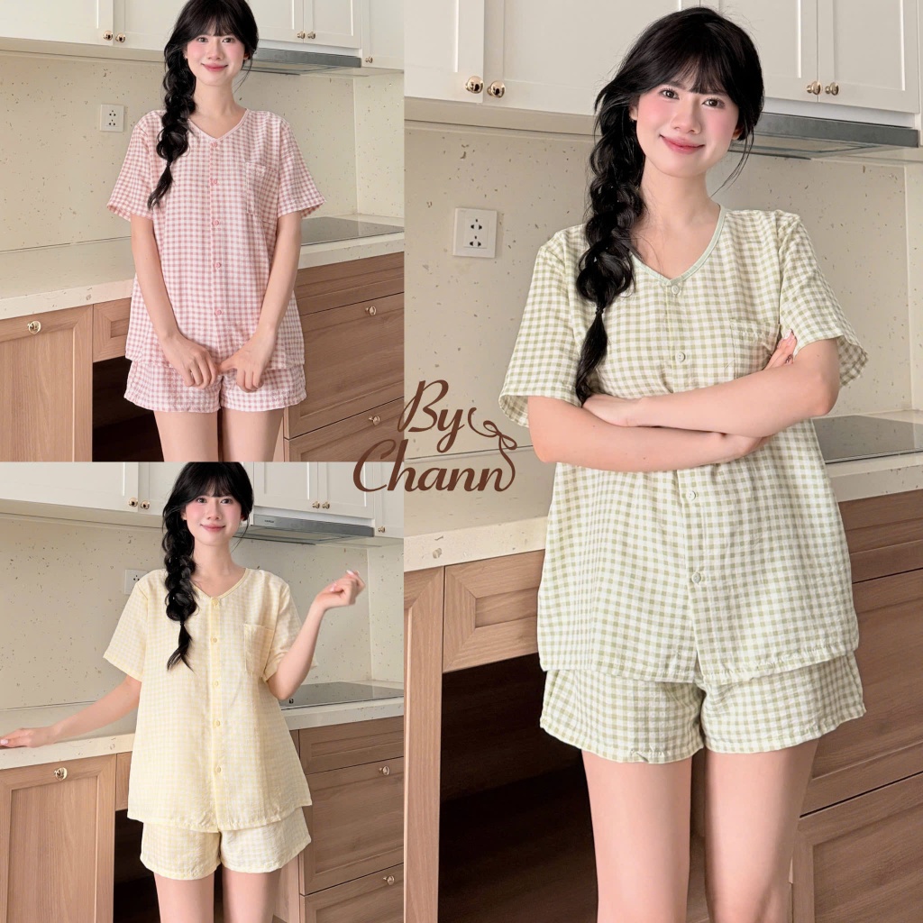 Bộ Đồ Ngủ Pyjamas BY CHANN (BN20) chất liệu đũi mềm họa tiết caro áo cộc quần cộc có bigsize 80kg