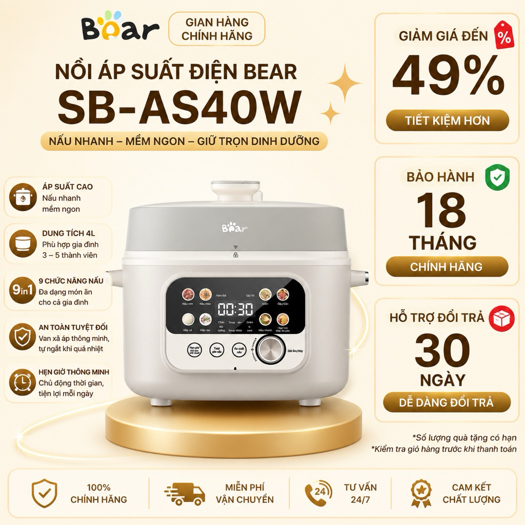 Nồi Áp Suất Bear 4L SB-AS40W 1300W 11 Chức Năng Hầm Nhanh 10 Lớp Bảo Vệ An Toàn BH18T