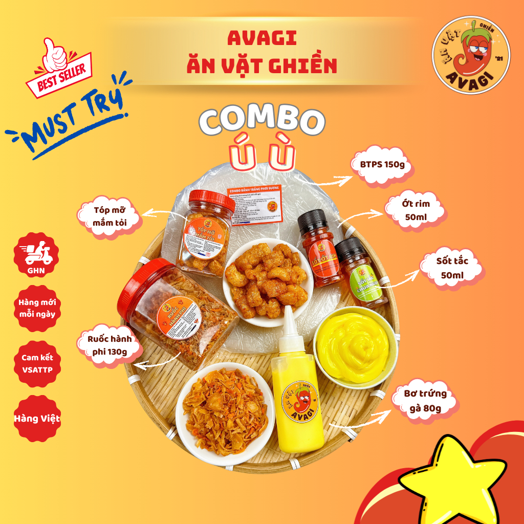 Bánh tráng Phơi Sương COMBO Ú Ù AVAGI (Bánh tráng, Tóp mỡ, túi Bơ, Ruốc hành phi, sốt tắc, ớt rim)
