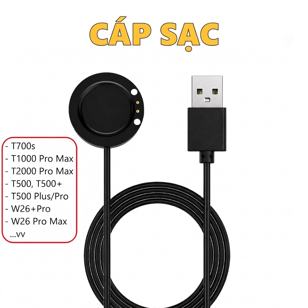 Cáp sạc cho đồng hồ thông minh T500 Plus/Pro, T700s, T1000/T2000 Pro Max, W26+Pro...Hàng mới bóc máy
