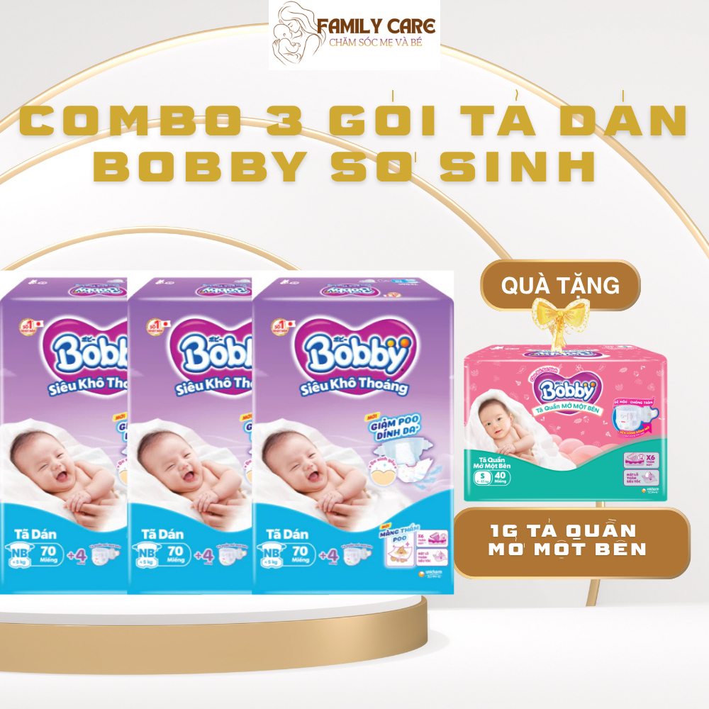 [COMBO 3 GÓI] Tã dán Bobby Siêu Khô Thoáng Sơ Sinh Newborn NB70 Cho Bé Yêu