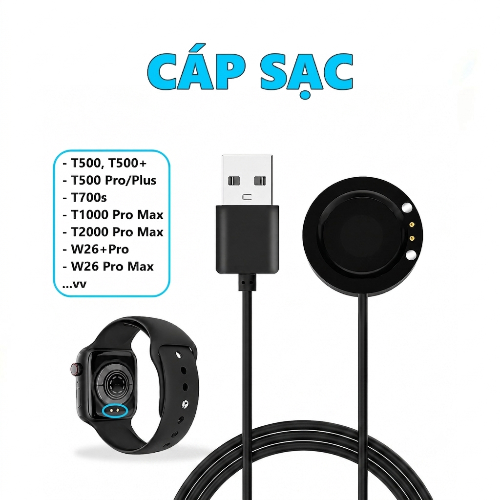 Bộ sạc cho đồng hồ T700s, T500 Plus/Pro, T1000/T2000 Pro Max, W26+Pro...Tích hợp từ tính thông minh