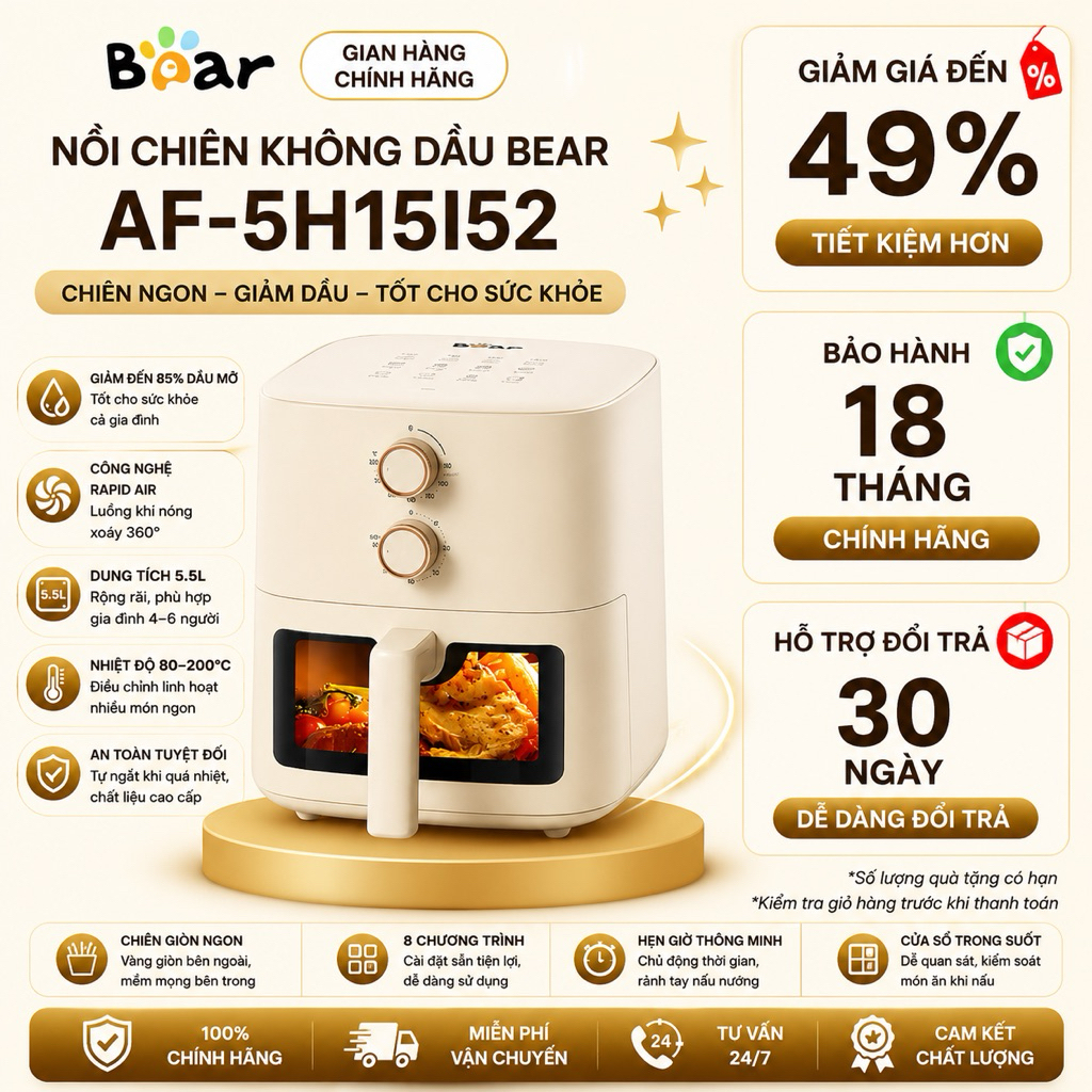 Nồi Chiên Không Dầu Bear 5L AF-5H15I52 1500W Kính Trong Suốt Giảm 85% Dầu Mỡ BH 18 Tháng
