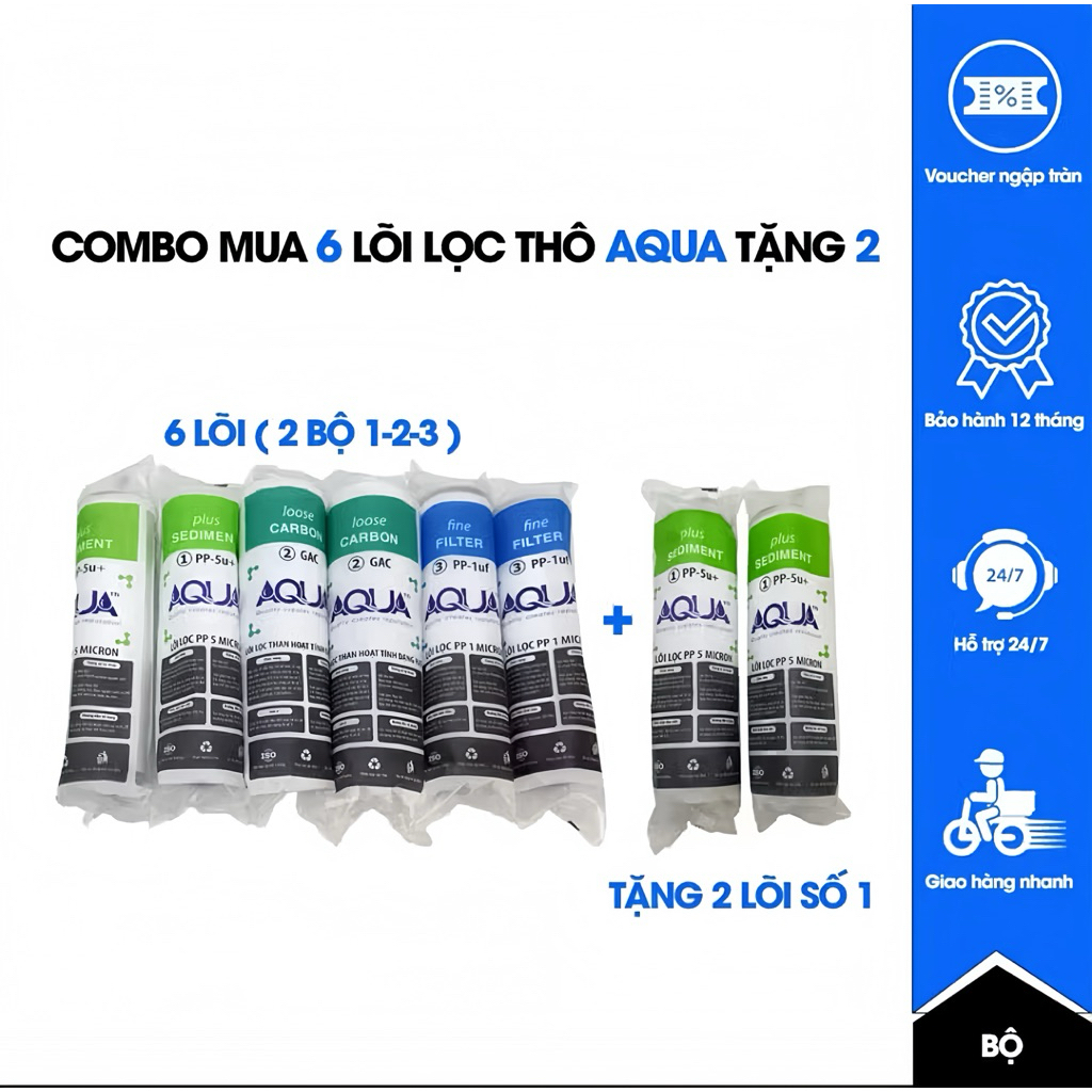 ( MUA 6 TẶNG 2 ) Combo 8 Lõi Lọc Nước AQUA Số 123 - Bộ 8 Lõi Lọc Thay Cho Mọi Loại Máy Lọc Nước RO