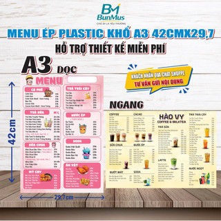 In Menu A3 29.7x42cm Theo Yêu Cầu Ép Plastic 80Mic/150Mic | Thiết Kế Miễn Phí | BUNMUS