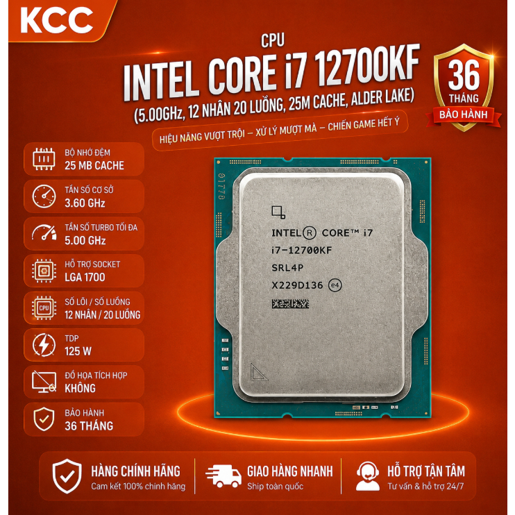 CCPU Intel Core i7 12700KF Tray (5.00GHz, 12 Nhân 20 Luồng, 25M Cache, Alder Lake) bảo hành 3