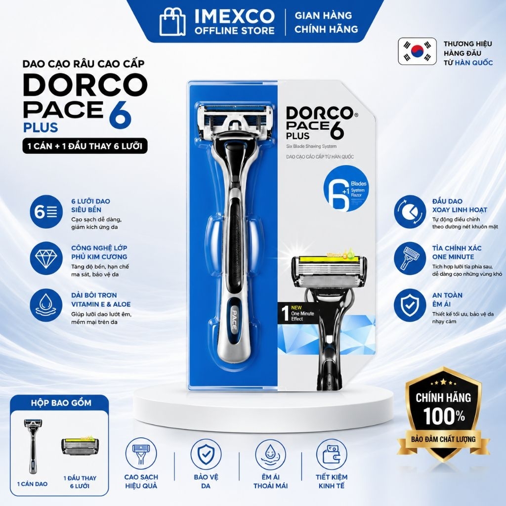 Dao Cạo Râu Dorco Pace 6 Plus Chính Hãng Hàn Quốc – 1 Cán + 1 Đầu Thay 6 Lưỡi Cao Cấp