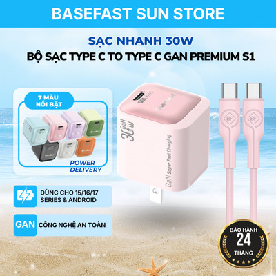 Bộ Sạc Nhanh 30W Basefast Củ Sạc GaN Mini Kèm Cáp Silicone 60W Cho 15/16/Android