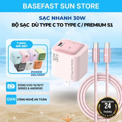 Bộ Sạc Nhanh Type C To Type C 30W Basefast cho 15/16/17 series và Àndroid (Combo Củ Gan Kèm Dây Dù)