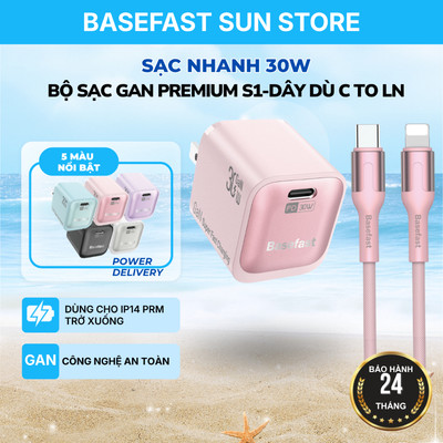Bộ Sạc Nhanh 30W Basefast GaN3 Cho X/11/12/13/14 Series (Củ Sạc Mini Kèm Cáp Dù Type C to LN)