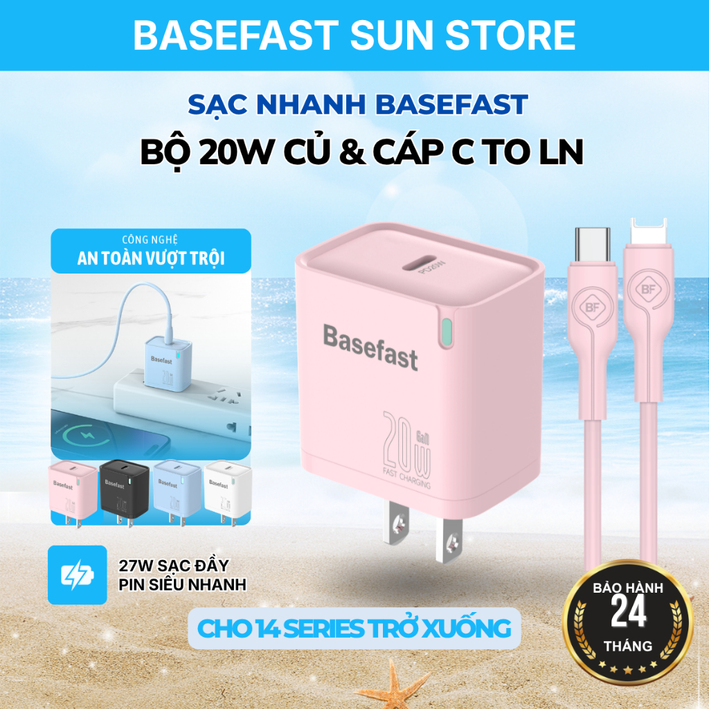 Bộ Sạc Nhanh Basefast Củ Sạc PD20W Kèm Cáp Sạc Cho 8 Plus/Xr/Xs/11/12/13/14…