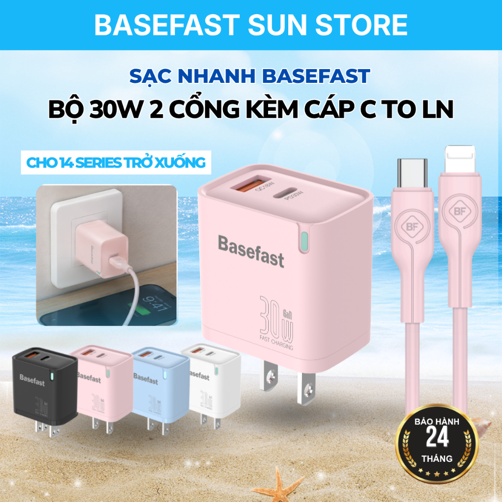 Bộ Sạc Nhanh 30W Basefast GaN 2 Cổng Siêu Bền Cho Xs/12/11/13/14/Pro Max (Type C-LN)