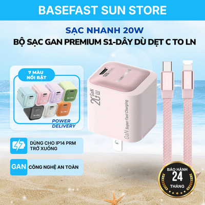 Bộ Sạc nhanh 20W Basefast, Củ GaN cổng Type C kèm dây cáp dù dẹt C-LN bền bỉ chống rối cho X đến 14prm