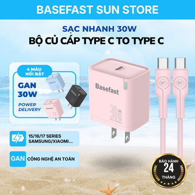 Bộ Sạc Nhanh Type C 30W Basefast dùng cho 15/16/17 series ,Samsung,Oppo..Cốc Sạc 1 Cổng GaN Kèm Cáp Type C to Type C