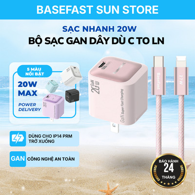 Bộ Sạc Nhanh 20W Basefast Type C -LN Cho 8-14PRM, Củ GaN3 1 Cổng Kèm Dây Cáp Dù 1M