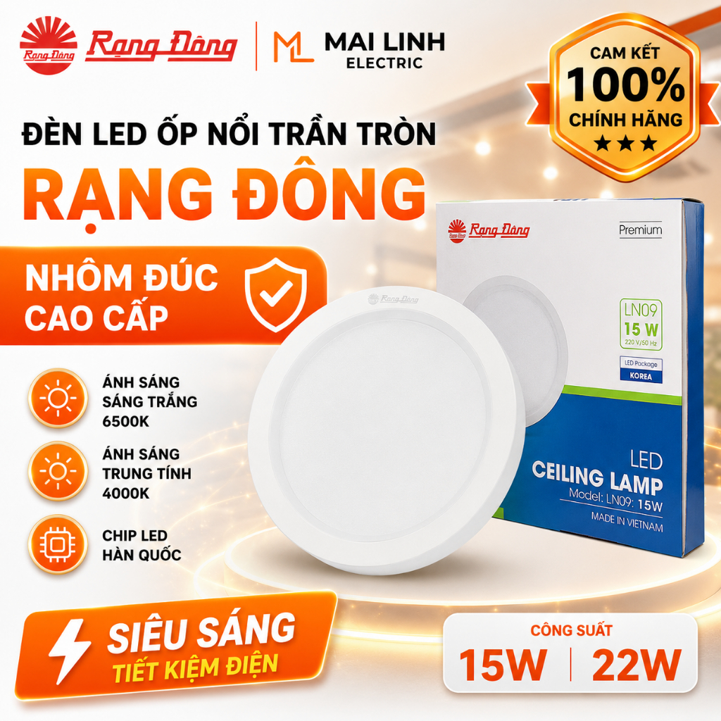 [Chính Hãng] Đèn Led ốp nổi trần Tròn Nhôm Đúc 15W 22W Rạng Đông -Sáng trắng -Trung Tính 4000K -Chip